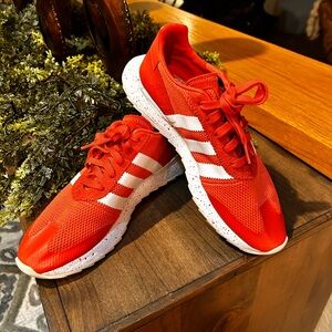 adidas Coral-Red Knit Sneakers with White Three Stripes 8.5
